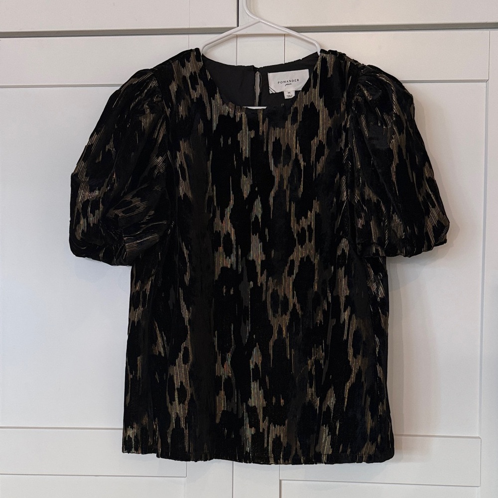 Pomander Place Black Velvet and GoldPatterned Blouse